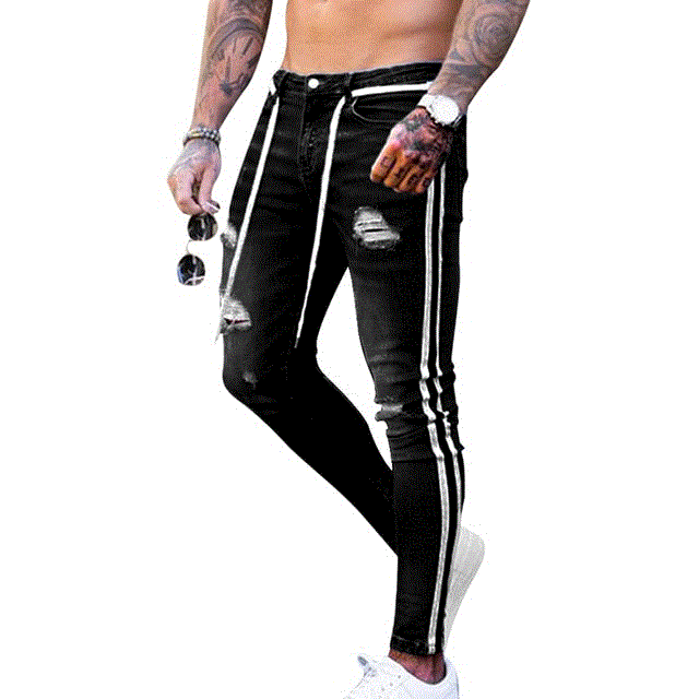 Men Skinny Jeans Frayed Fit Denim Ripped Denim Pants Side Stripe Pencil Pants