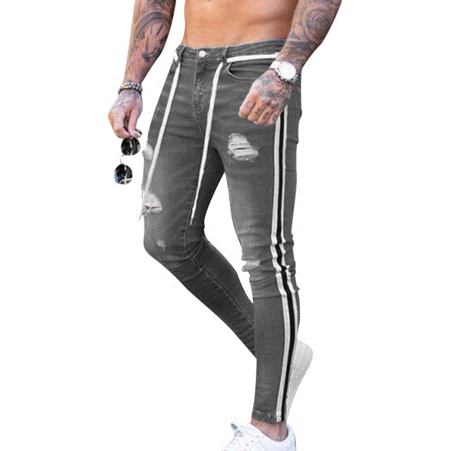 Men Skinny Jeans Frayed Fit Denim Ripped Denim Pants Side Stripe Pencil Pants