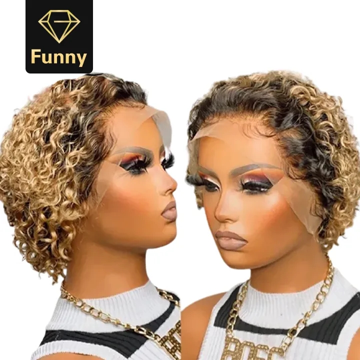 2021 High quality colored wigs for black women pixie wig T part blonde lace front wig colored curly Gold length 20cm