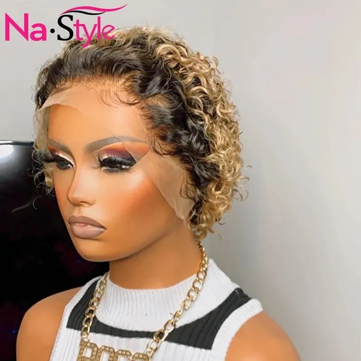 2021 High quality colored wigs for black women pixie wig T part blonde lace front wig colored curly Gold length 20cm