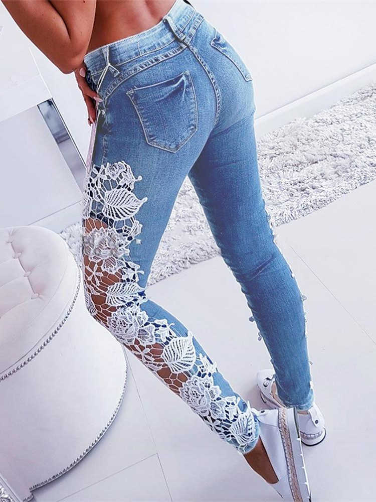 2021 High quality Plus Size Lace Floral Crochet Hollow-Out Jeans Autumn Women Elegant Sexy Denim Pencil Skinny Jeans