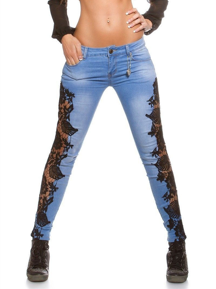 2021 High quality Plus Size Lace Floral Crochet Hollow-Out Jeans Autumn Women Elegant Sexy Denim Pencil Skinny Jeans