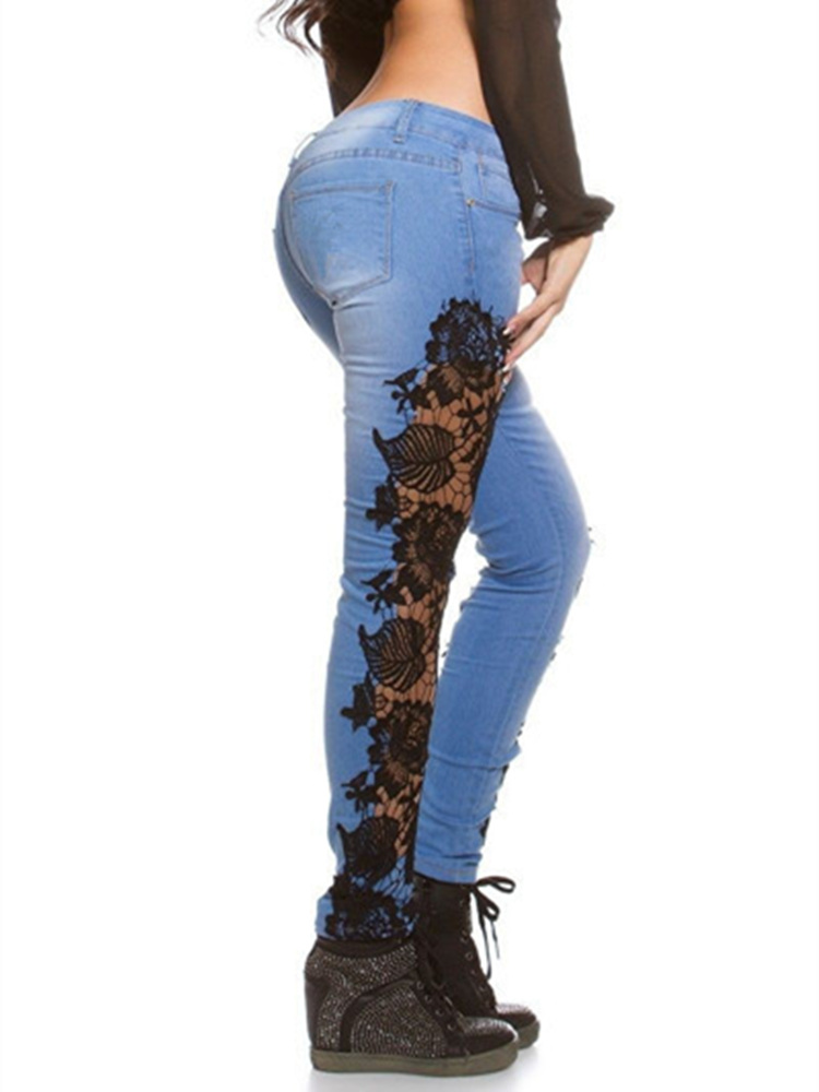 2021 High quality Plus Size Lace Floral Crochet Hollow-Out Jeans Autumn Women Elegant Sexy Denim Pencil Skinny Jeans