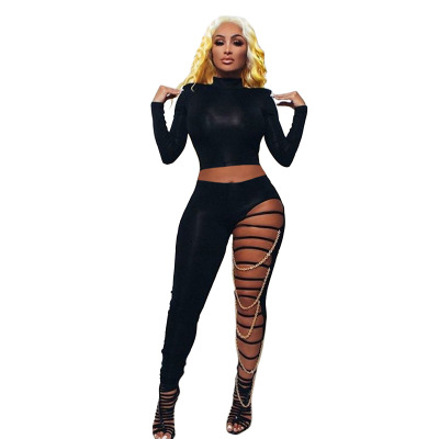 2021 High quality Women Sexy High Waist Ripped Holes Gold Chain Pencil Slim fit Trousers Casual Fashion Clothing