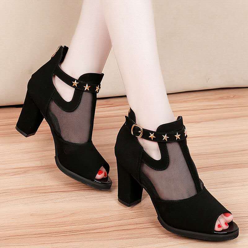 Women's Shoes Heels Sandals New Fashion Korean Fish Mouth Sandals Thick Heel Mesh Women Shoes Large Size ladies fashion girls comfortable sliding Usually one size larger / high heels sandals