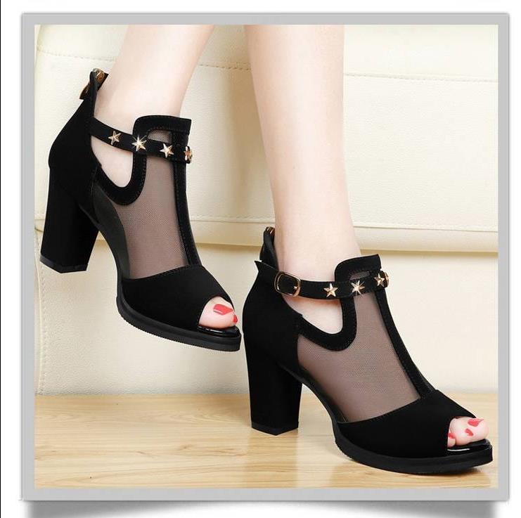 Women's Shoes Heels Sandals New Fashion Korean Fish Mouth Sandals Thick Heel Mesh Women Shoes Large Size ladies fashion girls comfortable sliding Usually one size larger / high heels sandals