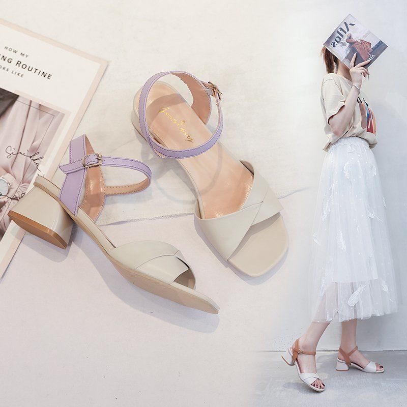 Large size women's shoes, one word buckle, thick heel sandals, female student mid-heel fairy shoes