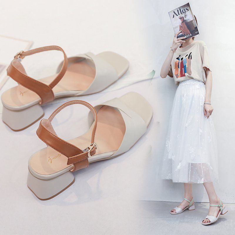 Large size women's shoes, one word buckle, thick heel sandals, female student mid-heel fairy shoes