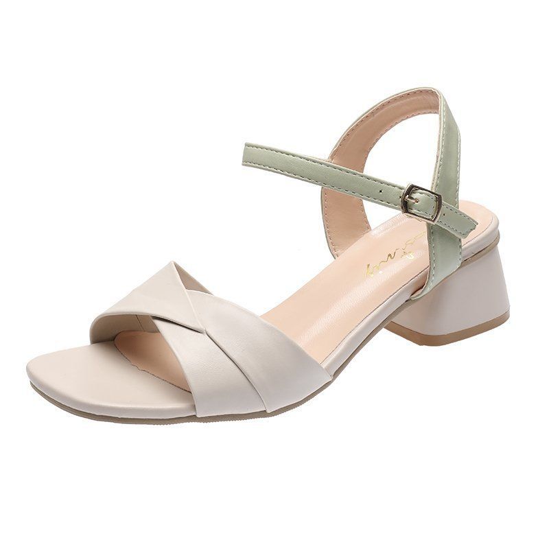Large size women's shoes, one word buckle, thick heel sandals, female student mid-heel fairy shoes
