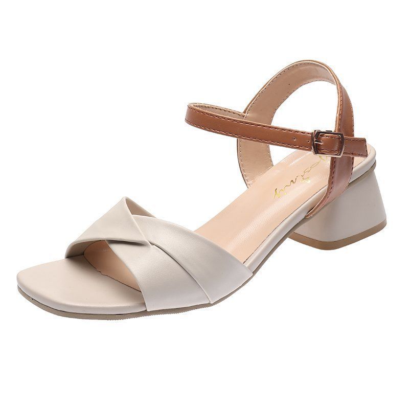 Large size women's shoes, one word buckle, thick heel sandals, female student mid-heel fairy shoes