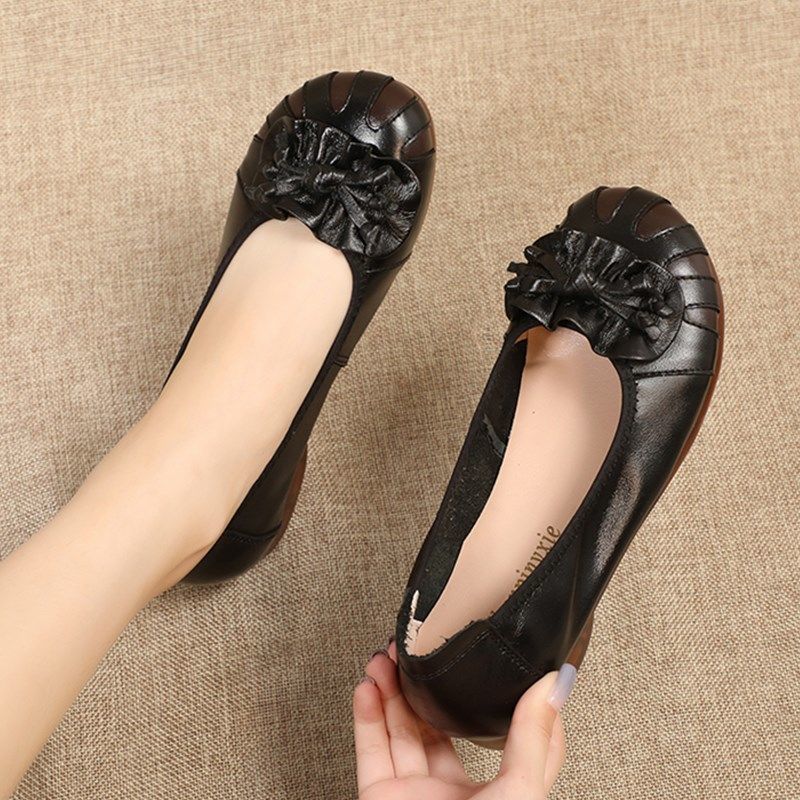 Leather soft sole women's shoes, comfortable retro flowers, tendon flat shoes, casual shoes