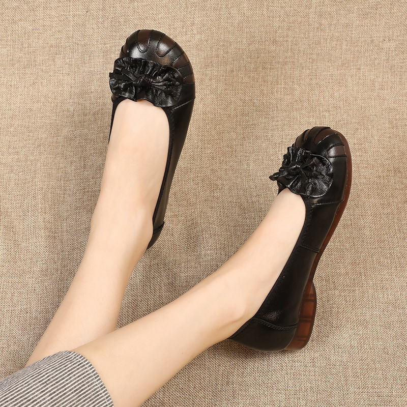 Leather soft sole women's shoes, comfortable retro flowers, tendon flat shoes, casual shoes