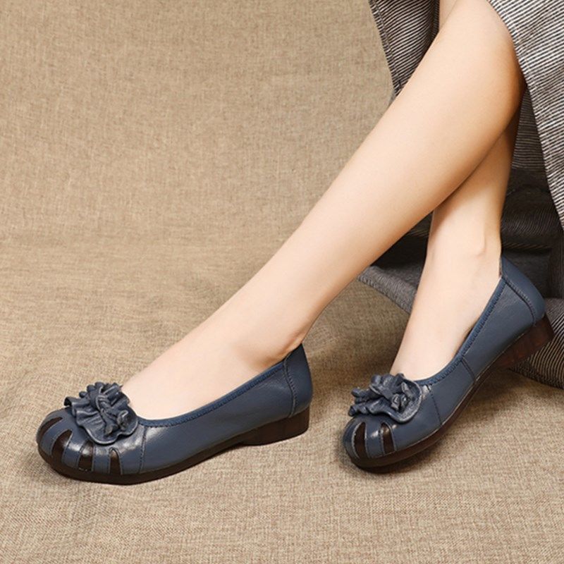 Leather soft sole women's shoes, comfortable retro flowers, tendon flat shoes, casual shoes