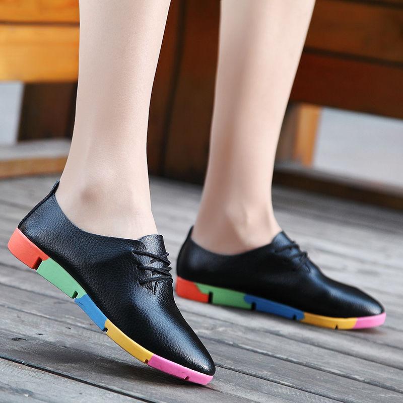Flat lace-up women's singles flat-heel soft-soled non-slip casual leather shoes Peas shoes plus size