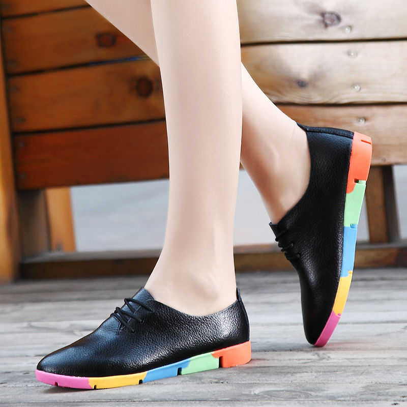 Flat lace-up women's singles flat-heel soft-soled non-slip casual leather shoes Peas shoes plus size