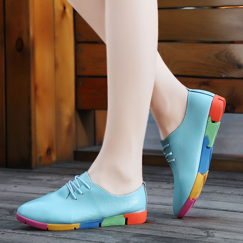 Flat lace-up women's singles flat-heel soft-soled non-slip casual leather shoes Peas shoes plus size