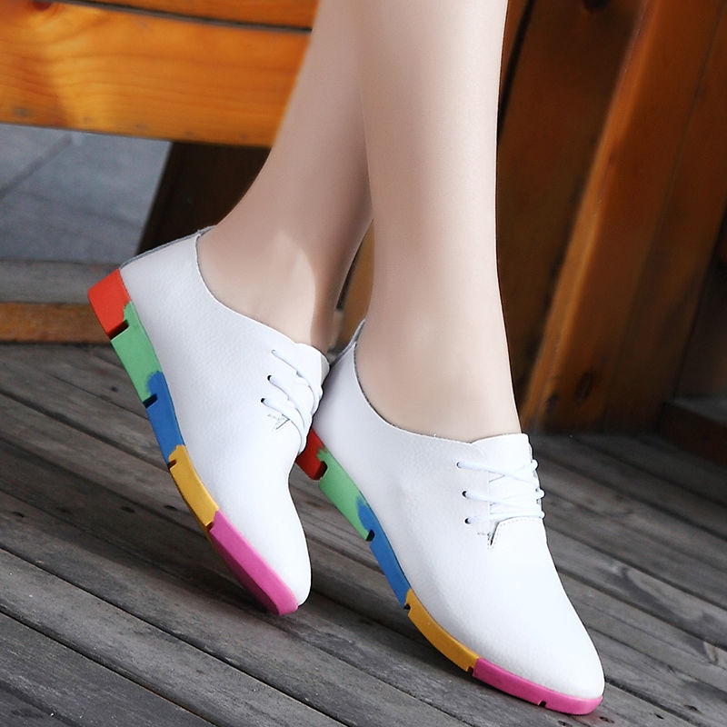 Flat lace-up women's singles flat-heel soft-soled non-slip casual leather shoes Peas shoes plus size
