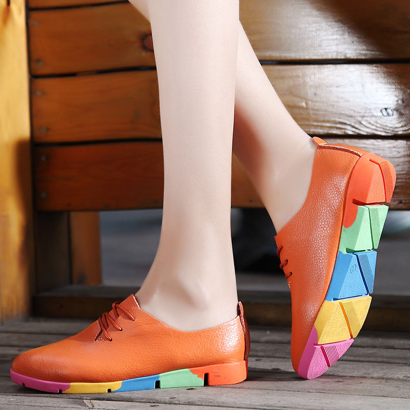 Flat lace-up women's singles flat-heel soft-soled non-slip casual leather shoes Peas shoes plus size