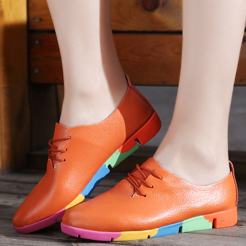 Flat lace-up women's singles flat-heel soft-soled non-slip casual leather shoes Peas shoes plus size