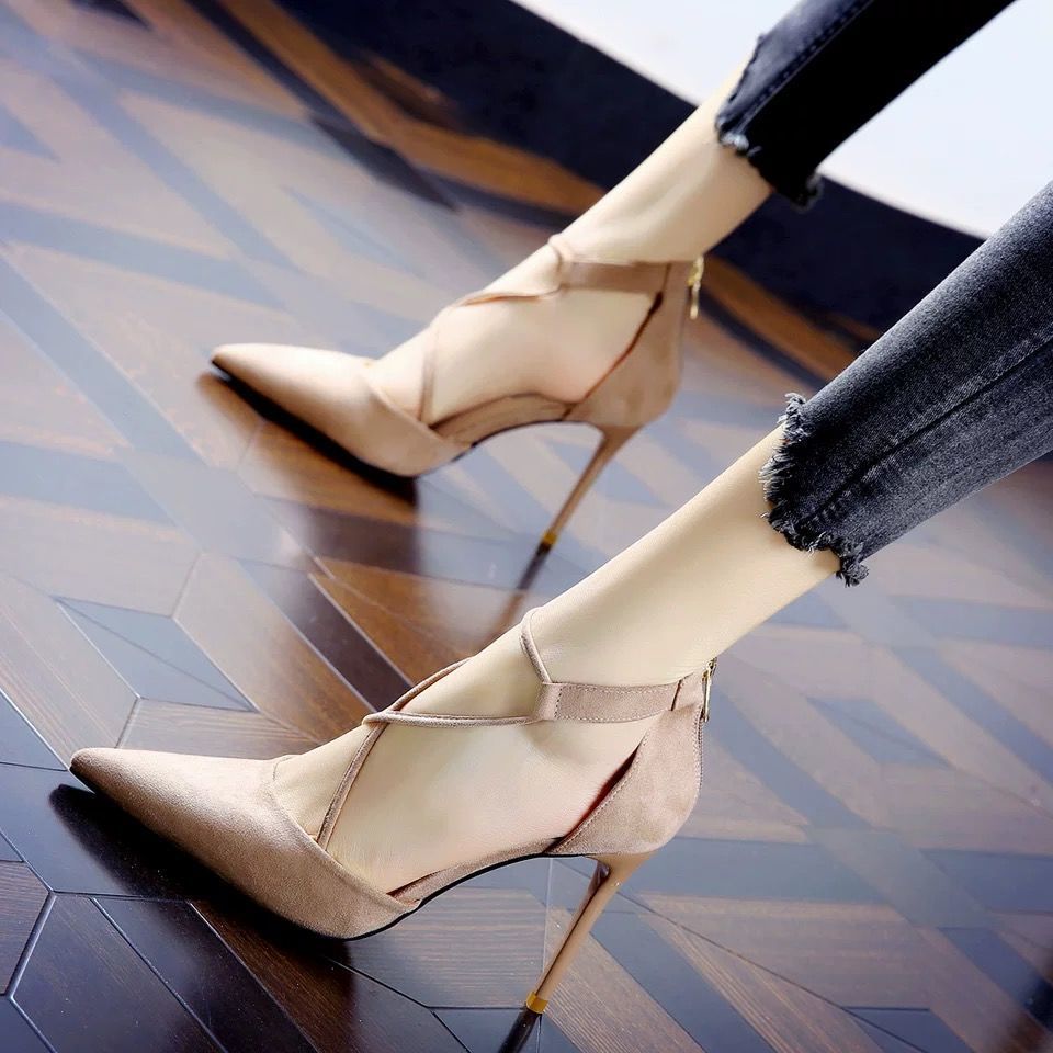 Korean style rear zipper cross straps pointed Roman high heels women's new stiletto shoes