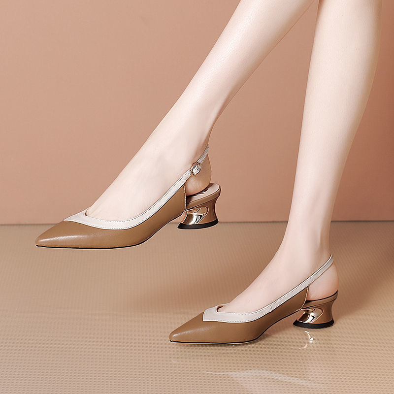 All-match women's thick-heeled mid-heel toe cap sandals, rear empty leather youth top layer sandals