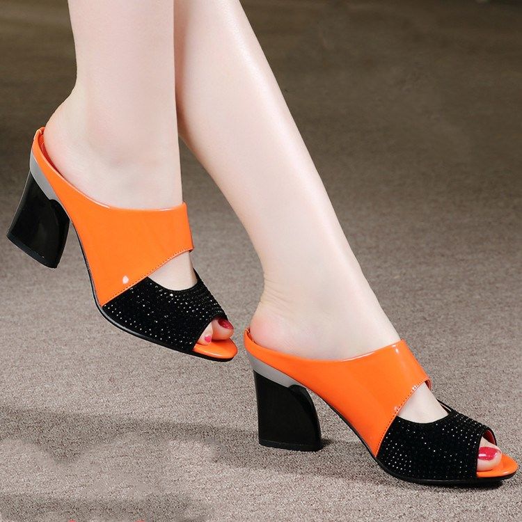 Mid-heel new style fish mouth slippers thick-heel patent leather rhinestone women sandals