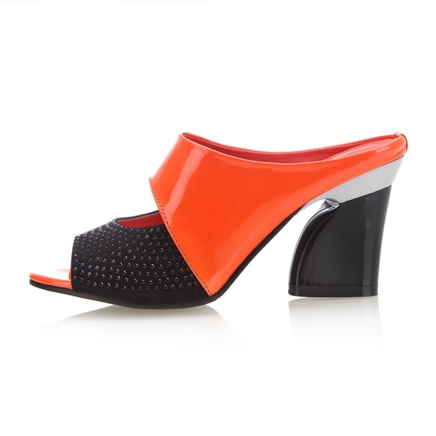 Mid-heel new style fish mouth slippers thick-heel patent leather rhinestone women sandals