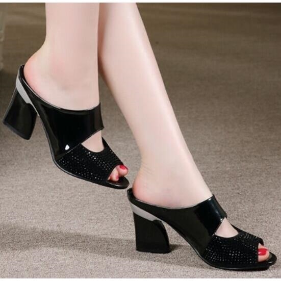 Mid-heel new style fish mouth slippers thick-heel patent leather rhinestone women sandals