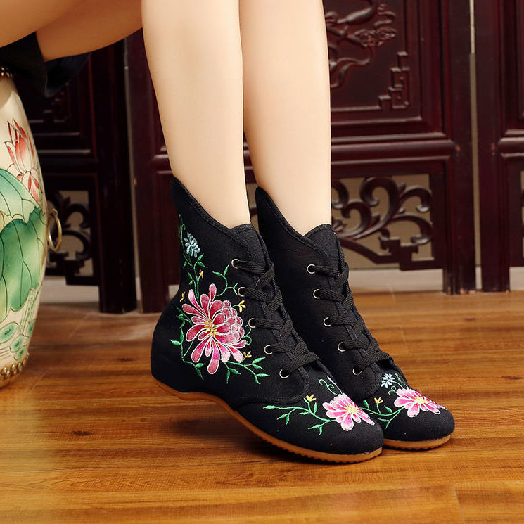 Ethnic style embroidered high-top cloth shoes lace-up casual beef tendon sole women's shoes