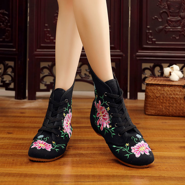 Ethnic style embroidered high-top cloth shoes lace-up casual beef tendon sole women's shoes