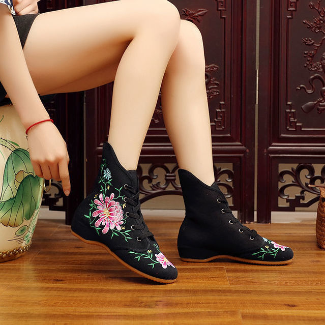 Ethnic style embroidered high-top cloth shoes lace-up casual beef tendon sole women's shoes