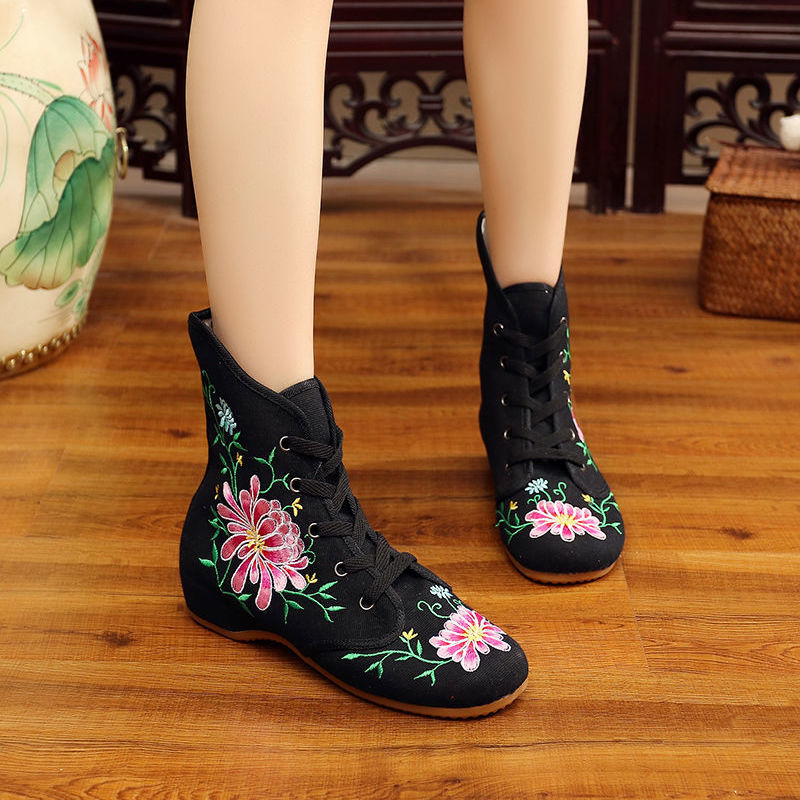 Ethnic style embroidered high-top cloth shoes lace-up casual beef tendon sole women's shoes