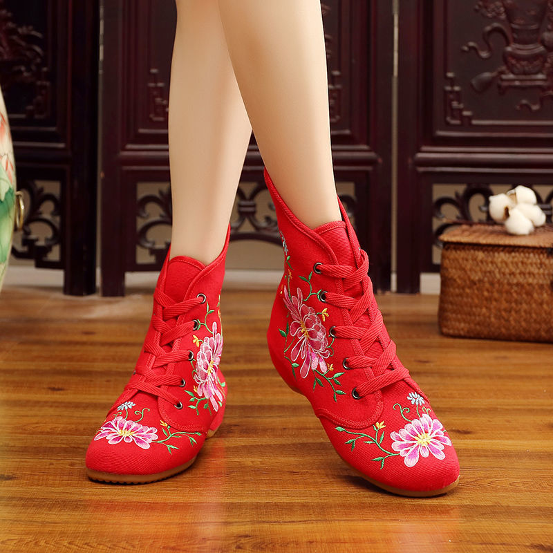Ethnic style embroidered high-top cloth shoes lace-up casual beef tendon sole women's shoes