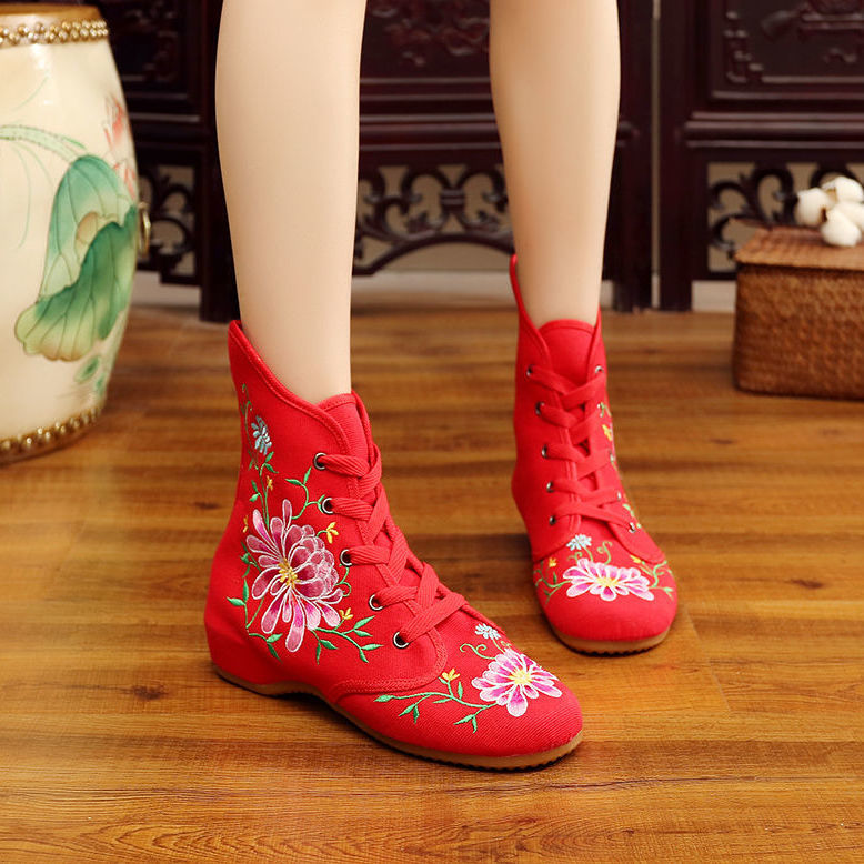 Ethnic style embroidered high-top cloth shoes lace-up casual beef tendon sole women's shoes