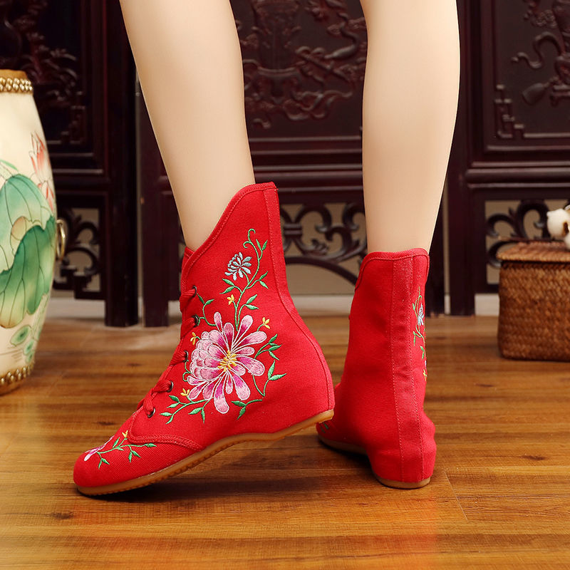 Ethnic style embroidered high-top cloth shoes lace-up casual beef tendon sole women's shoes