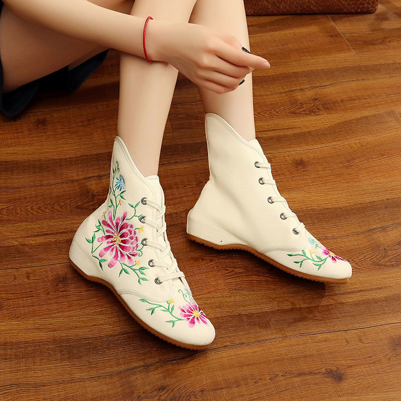 Ethnic style embroidered high-top cloth shoes lace-up casual beef tendon sole women's shoes