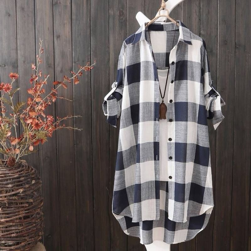 Middle long shirt sun clothes female large size women's loose plaid shirt female leisure