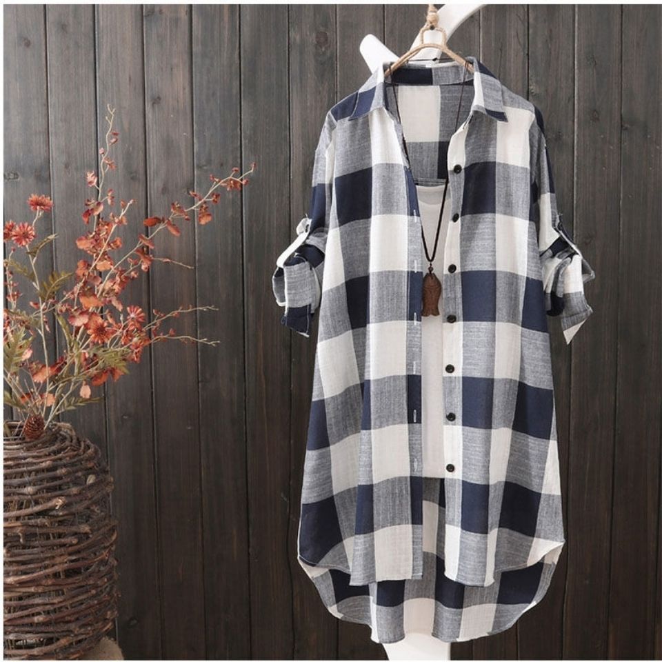 Middle long shirt sun clothes female large size women's loose plaid shirt female leisure