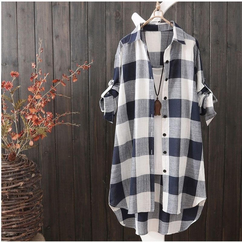 Middle long shirt sun clothes female large size women's loose plaid shirt female leisure