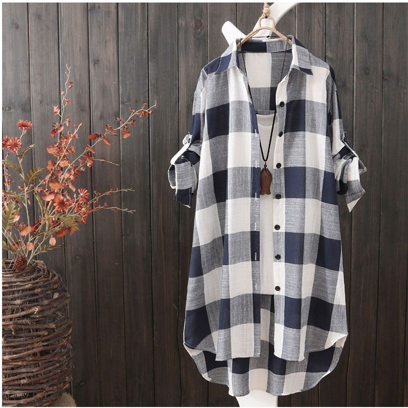 Middle long shirt sun clothes female large size women's loose plaid shirt female leisure