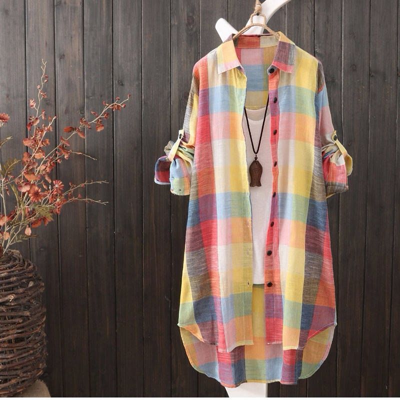 Middle long shirt sun clothes female large size women's loose plaid shirt female leisure