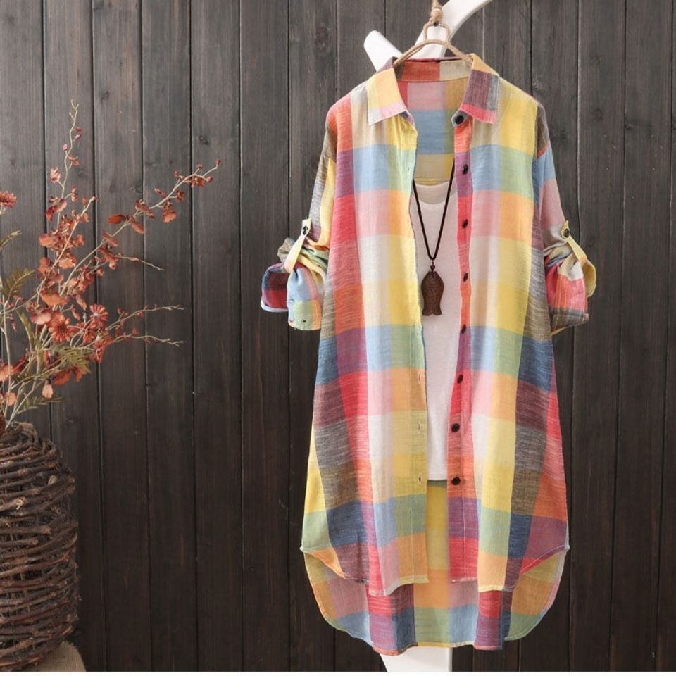 Middle long shirt sun clothes female large size women's loose plaid shirt female leisure