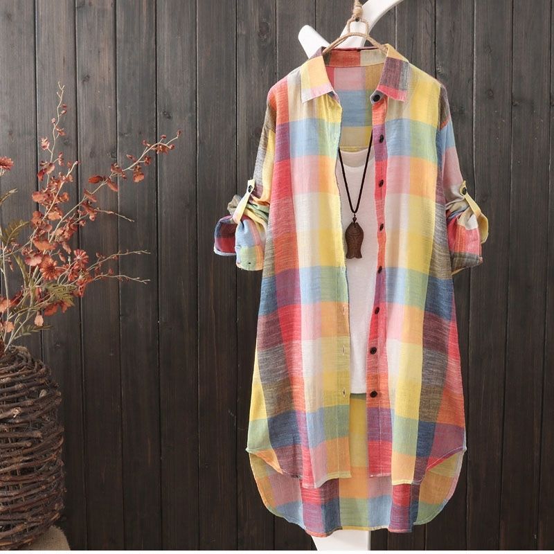 Middle long shirt sun clothes female large size women's loose plaid shirt female leisure