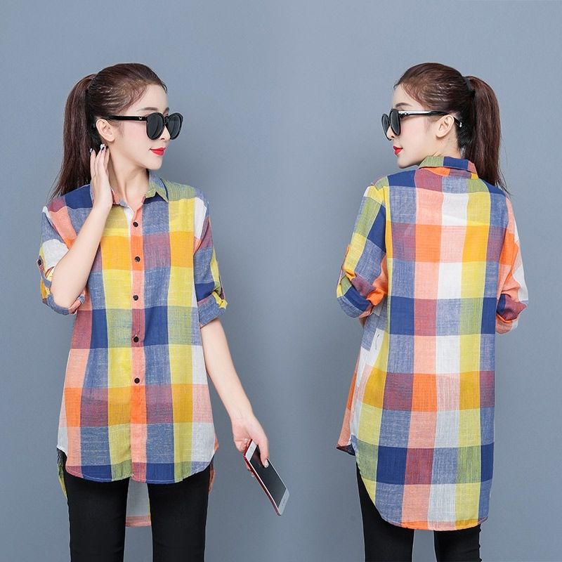 Middle long shirt sun clothes female large size women's loose plaid shirt female leisure
