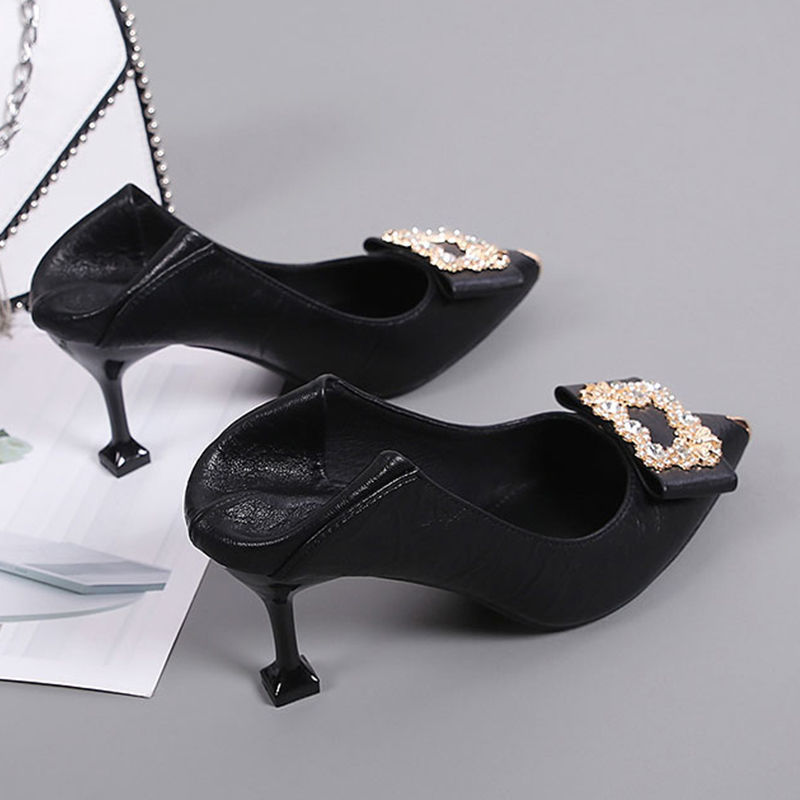 High-heeled shoes female spring new fashion all-match professional work black mid-heel leather shoes pointed soft leather single shoes light