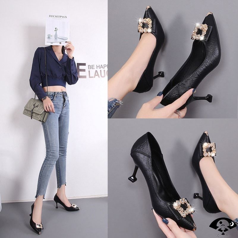 High-heeled shoes female spring new fashion all-match professional work black mid-heel leather shoes pointed soft leather single shoes light