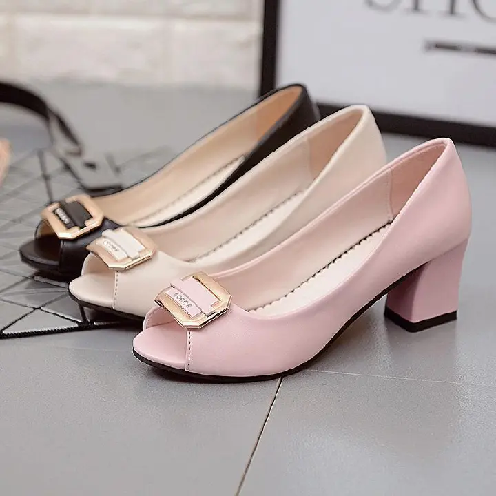 Women's Shoes  Heels Mid-heel single shoes women's fish mouth women's shoes shallow mouth thick with square buckle professional work sandals casual all-match
