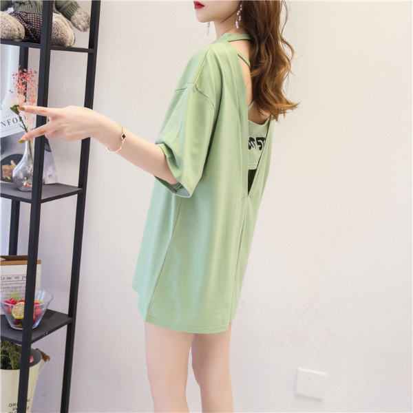 High cotton-avocado green short-sleeved T-shirt backless sexy mid-length loose plus size women's Korean version half-sleeve top