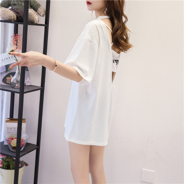 High cotton-avocado green short-sleeved T-shirt backless sexy mid-length loose plus size women's Korean version half-sleeve top