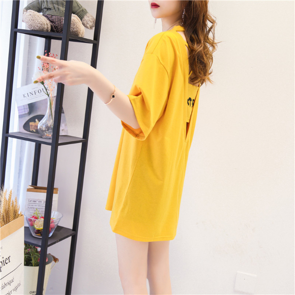 High cotton-avocado green short-sleeved T-shirt backless sexy mid-length loose plus size women's Korean version half-sleeve top